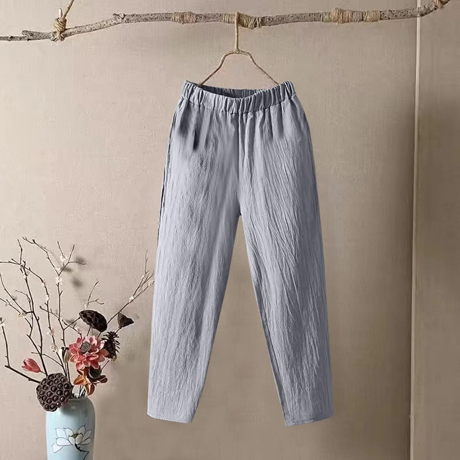 Women's Pants, Casual Pants Peasant Straight Leg Linen Trendy Women Causal Plaid