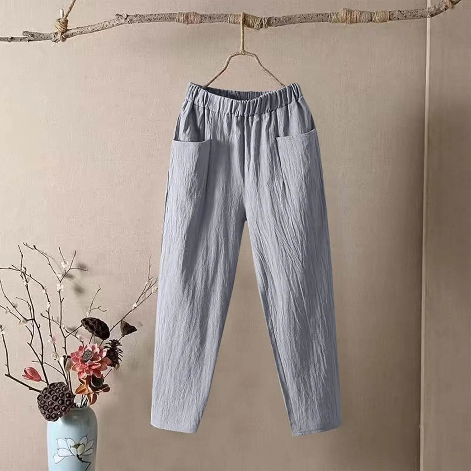 Women's Pants, Casual Pants Peasant Straight Leg Linen Trendy Women Causal Plaid