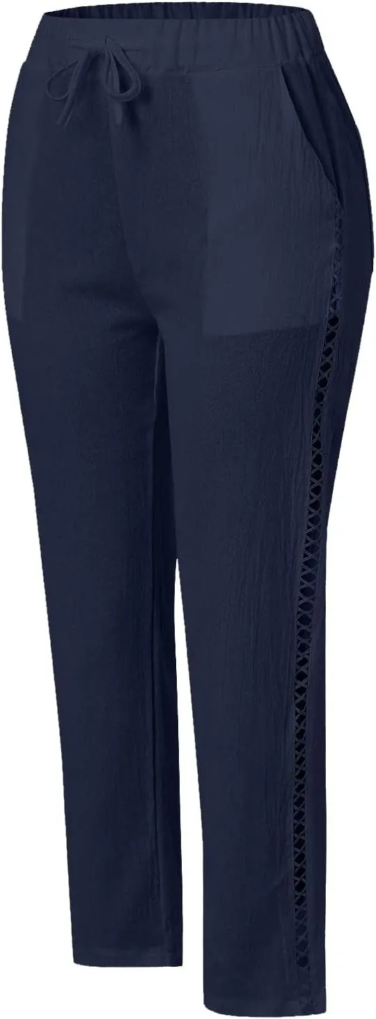 Women's Pants, Linen Casual Pants Straight Leg Trendy Peasant Plaid Cotton Stretchy