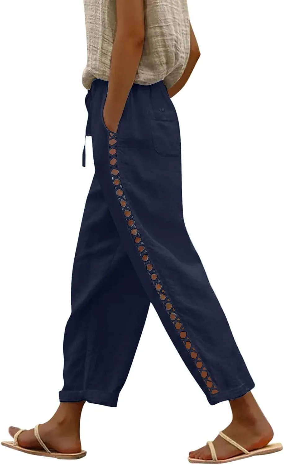 Women's Pants, Linen Casual Pants Straight Leg Trendy Peasant Plaid Cotton Stretchy