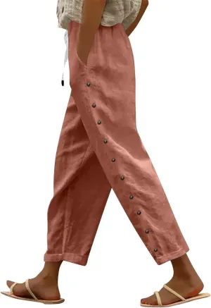 Women's Pants, Linen Casual Pants Straight Leg Trendy Peasant Plaid Cotton Stretchy