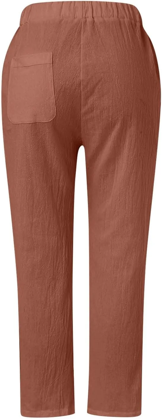 Women's Pants, Linen Casual Pants Straight Leg Trendy Peasant Plaid Cotton Stretchy