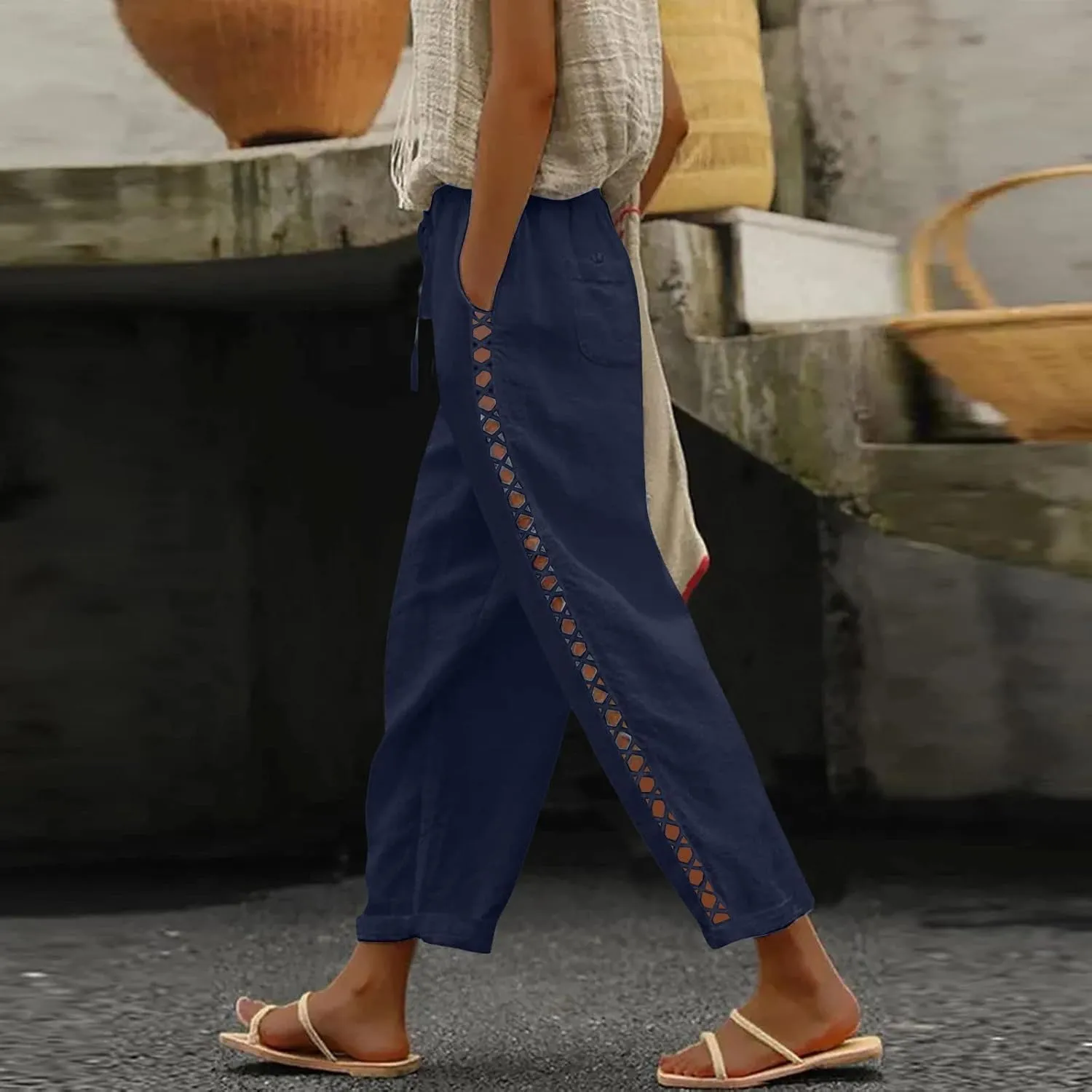 Women's Pants, Linen Casual Pants Straight Leg Trendy Peasant Plaid Cotton Stretchy