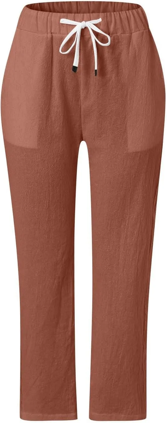 Women's Pants, Linen Casual Pants Straight Leg Trendy Peasant Plaid Cotton Stretchy
