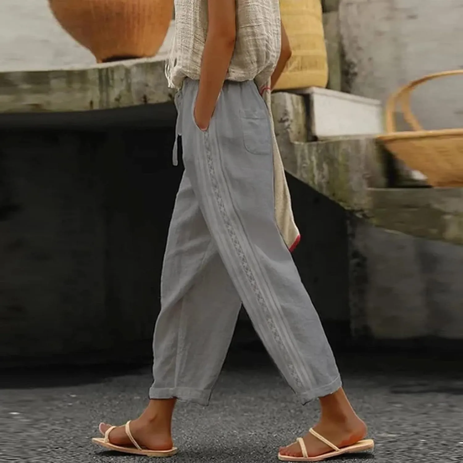 Women's Pants, Peasant Pants Straight Leg Linen Casual Lounge Cotton Loose Women