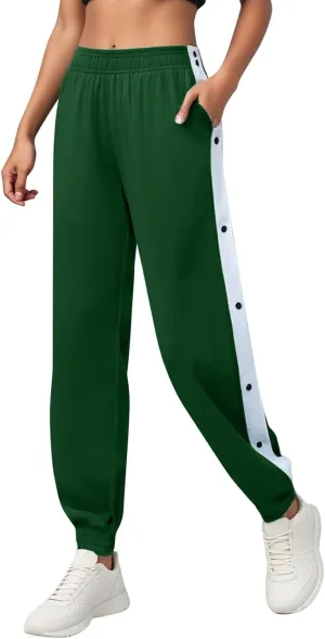 Women's Pants Side Split Snap Button Joggers Tear-Away Warm Up Sweatpants Elastic Cinch Bottom Active Workout Trousers