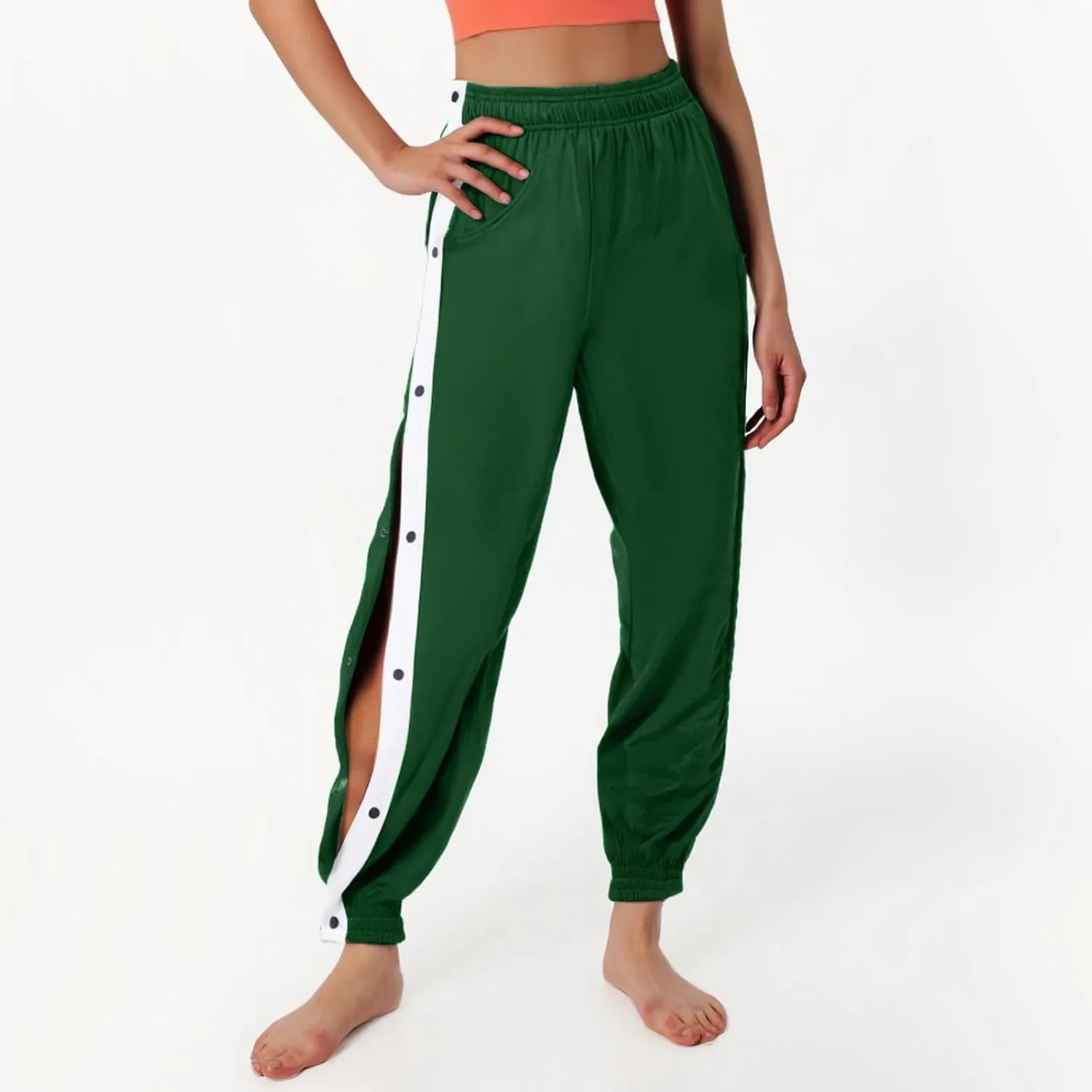 Women's Pants Side Split Snap Button Joggers Tear-Away Warm Up Sweatpants Elastic Cinch Bottom Active Workout Trousers