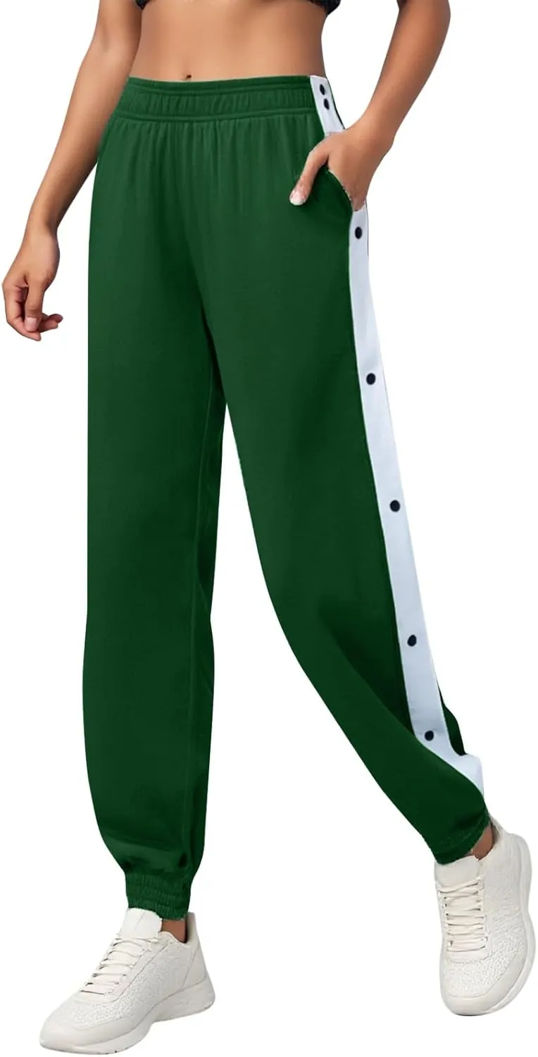 Women's Pants Side Split Snap Button Joggers Tear-Away Warm Up Sweatpants Elastic Cinch Bottom Active Workout Trousers
