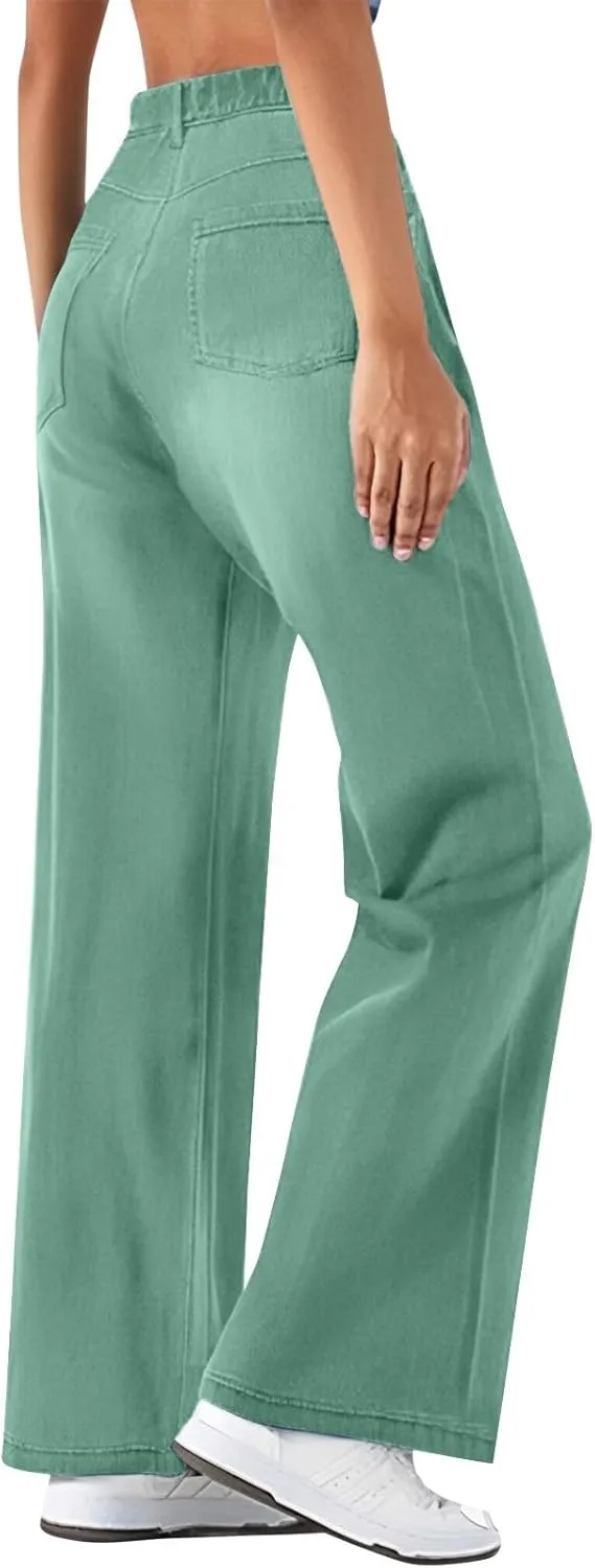 Women's Pants, Stretchy Jeans High Waisted Sweatpants Wide Leg Denim Pants That