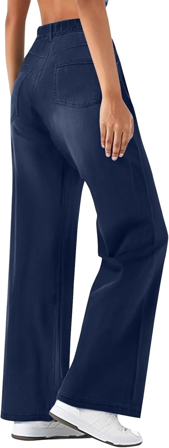 Women's Pants, Stretchy Jeans High Waisted Sweatpants Wide Leg Denim Pants That