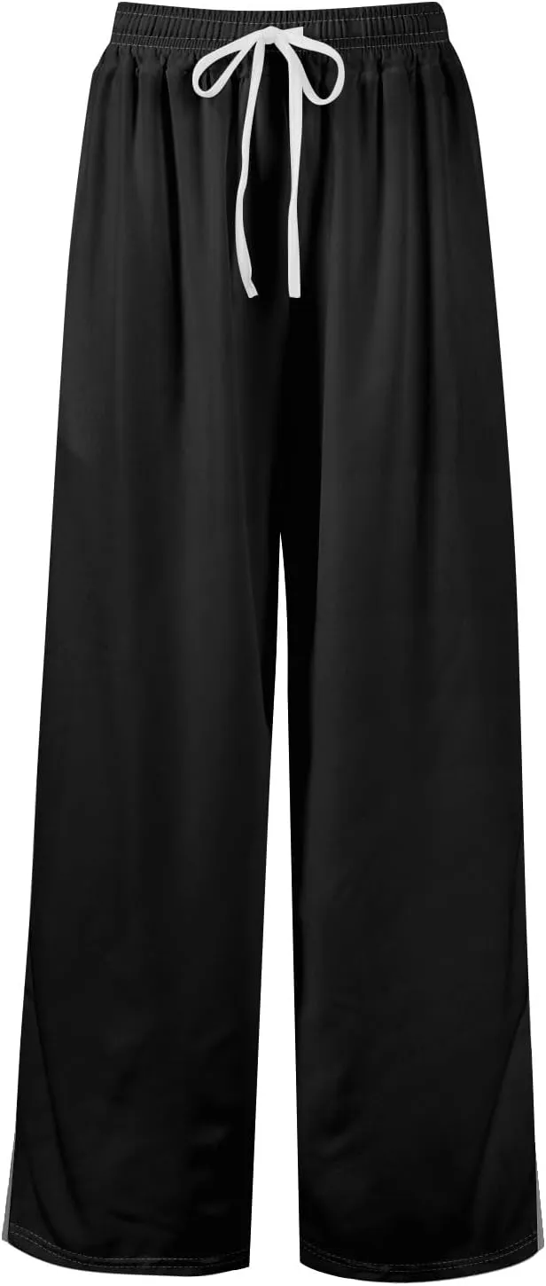 Women's Pants Wide Leg High Waisted Linen Pants Drawstring Palazzo Lounge Pant Summer Beach Vacation Trousers