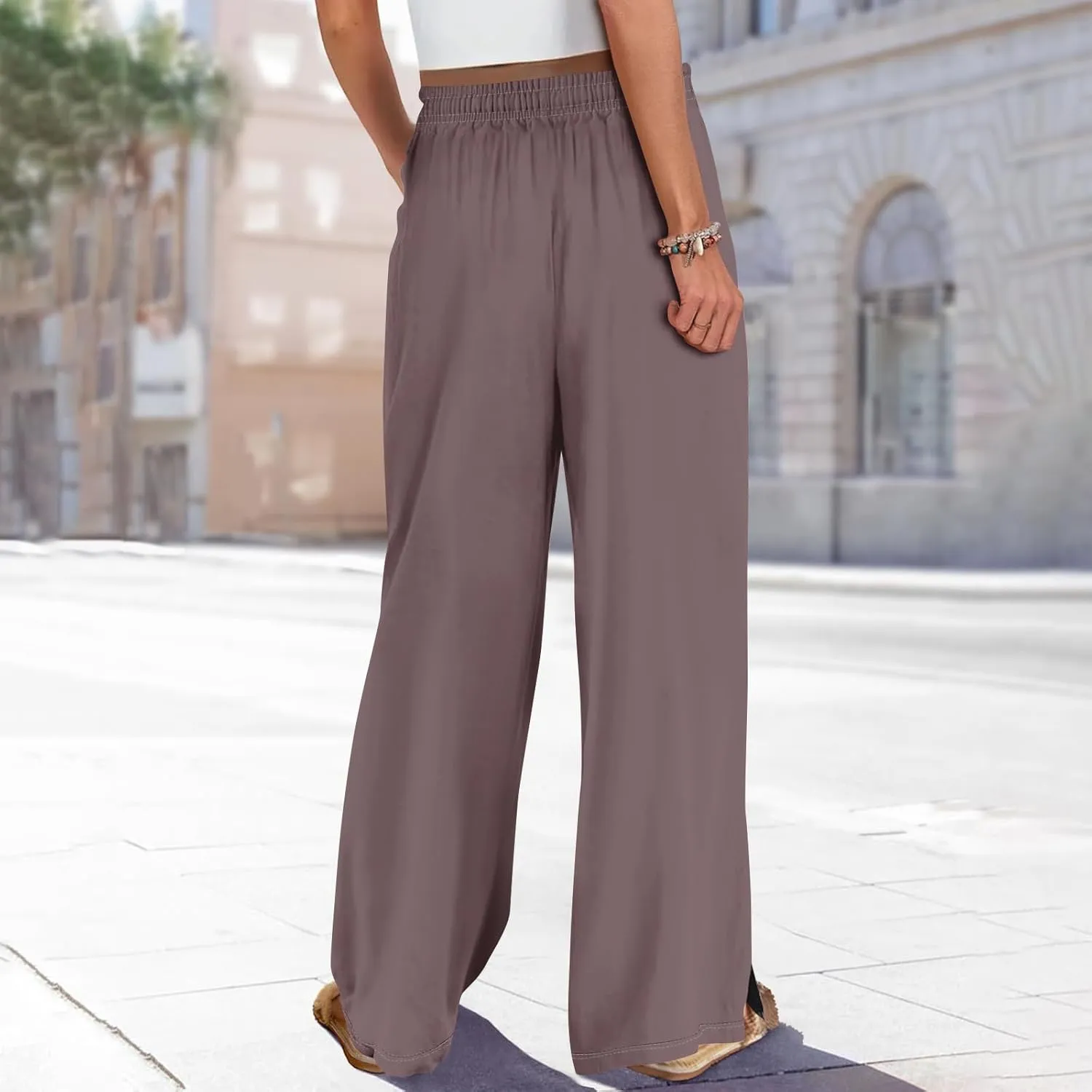 Women's Pants Wide Leg High Waisted Linen Pants Drawstring Palazzo Lounge Pant Summer Beach Vacation Trousers