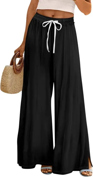 Women's Pants Wide Leg High Waisted Linen Pants Drawstring Palazzo Lounge Pant Summer Beach Vacation Trousers