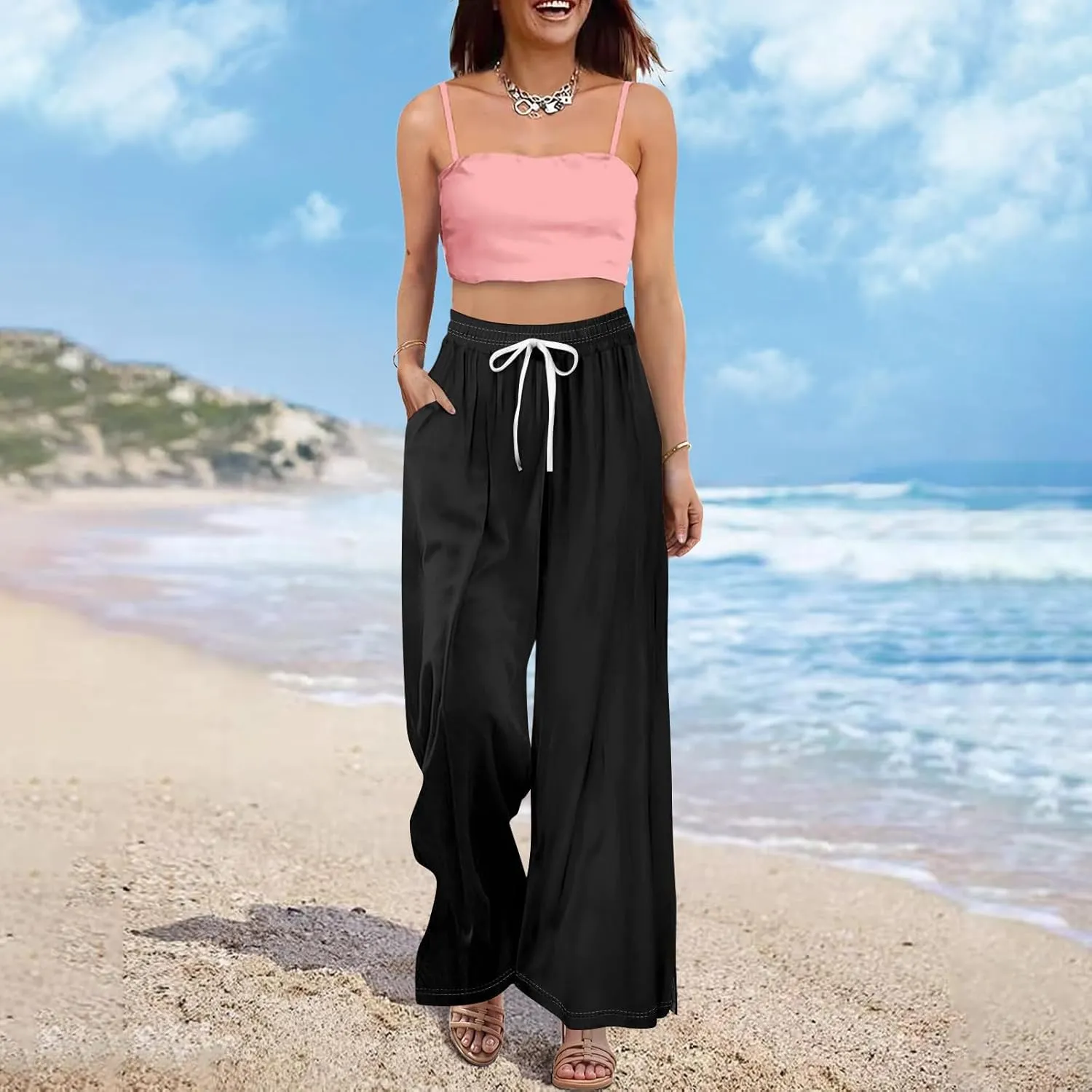 Women's Pants Wide Leg High Waisted Linen Pants Drawstring Palazzo Lounge Pant Summer Beach Vacation Trousers