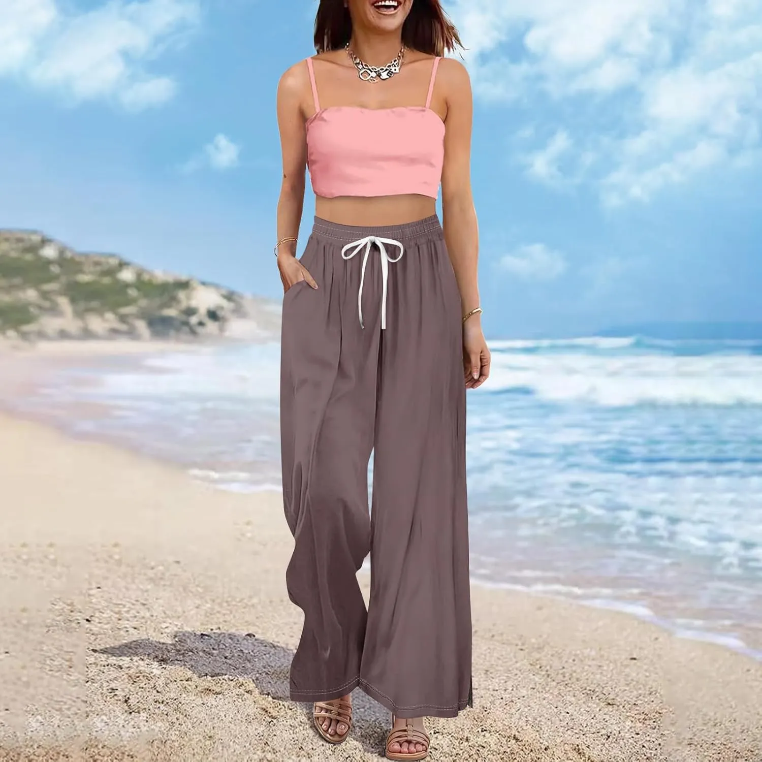 Women's Pants Wide Leg High Waisted Linen Pants Drawstring Palazzo Lounge Pant Summer Beach Vacation Trousers