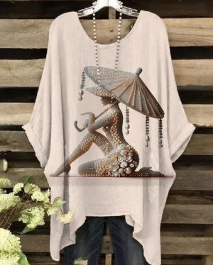 Women's Pearl Girl Holding an Umbrella Print Irregular Shirt