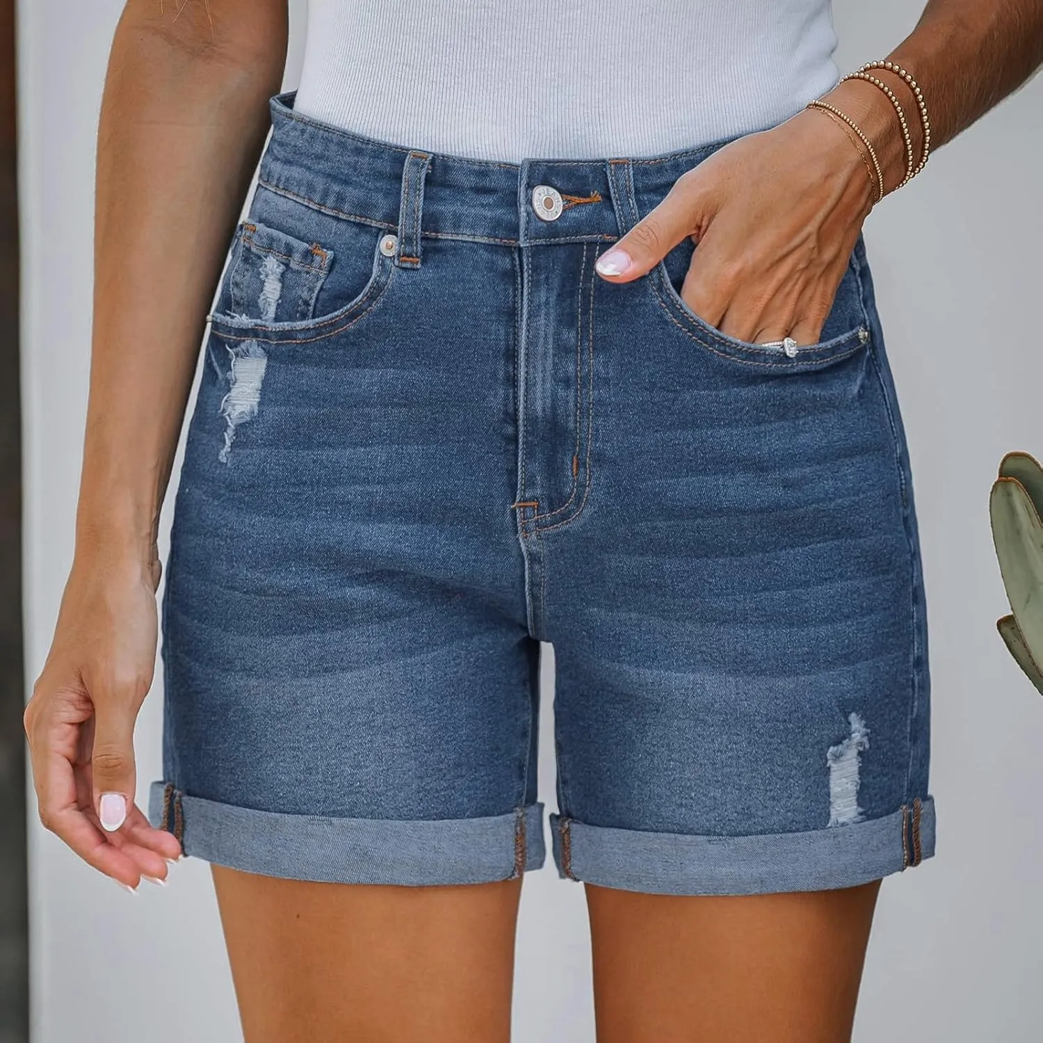 Women's Ripped Denim Shorts High Waisted Casual Stretchy Trendy Summer Y2k Baggy Girls Folded Hem Long Jean Shorts