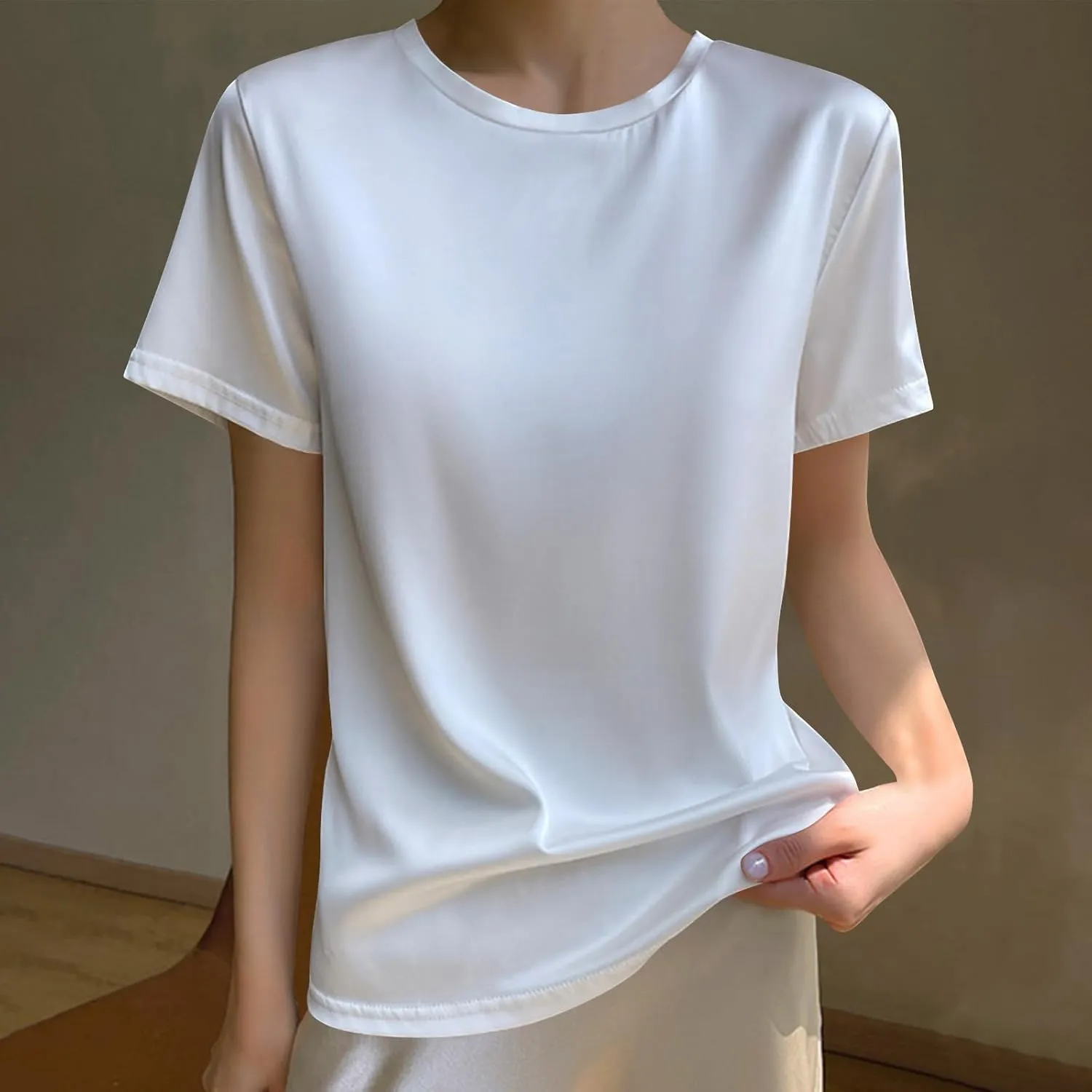 Women's Silk Satin Tops Summer Short Sleeve T Shirt Basic Solid Color Bottoming Tee Shirts Casual Blouse