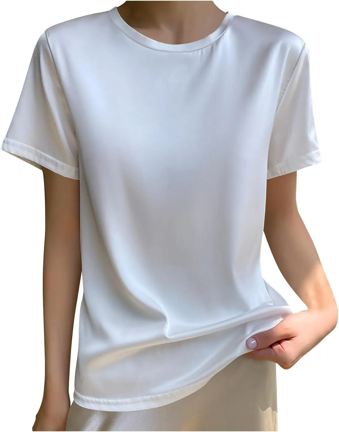 Women's Silk Satin Tops Summer Short Sleeve T Shirt Basic Solid Color Bottoming Tee Shirts Casual Blouse