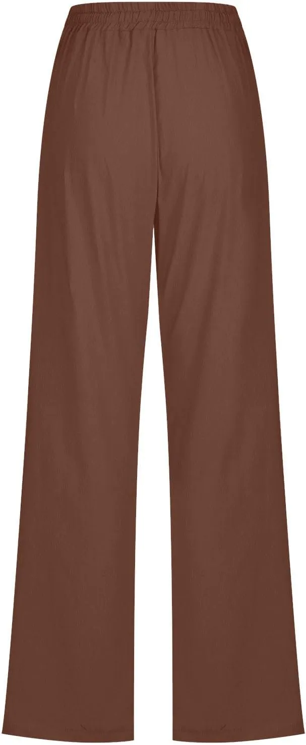 Womens Straight Leg Linen Pants Drawstring Elastic Waist Casual Trousers with Pockets Summer Beach Lounge Pants