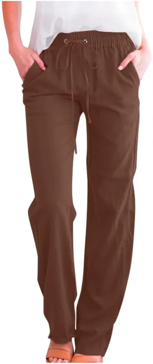 Womens Straight Leg Linen Pants Drawstring Elastic Waist Casual Trousers with Pockets Summer Beach Lounge Pants
