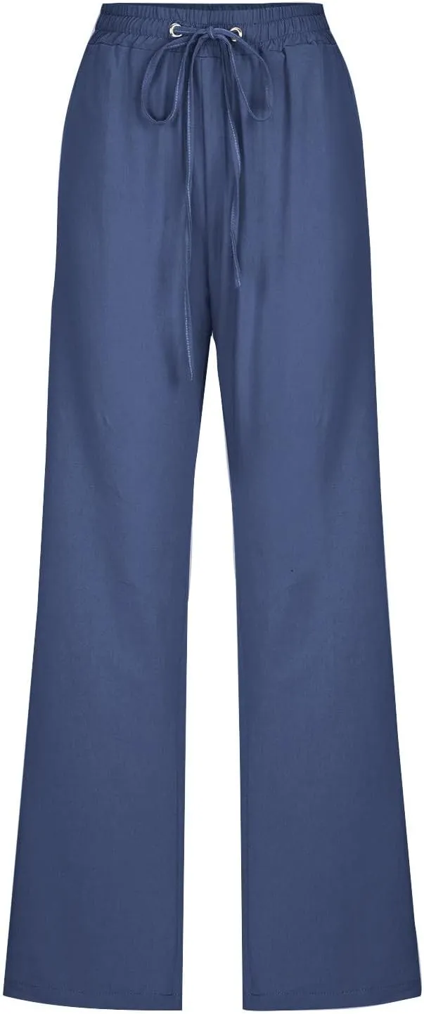 Womens Straight Leg Linen Pants Drawstring Elastic Waist Casual Trousers with Pockets Summer Beach Lounge Pants