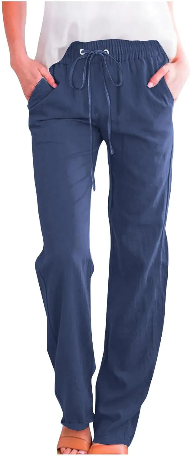Womens Straight Leg Linen Pants Drawstring Elastic Waist Casual Trousers with Pockets Summer Beach Lounge Pants