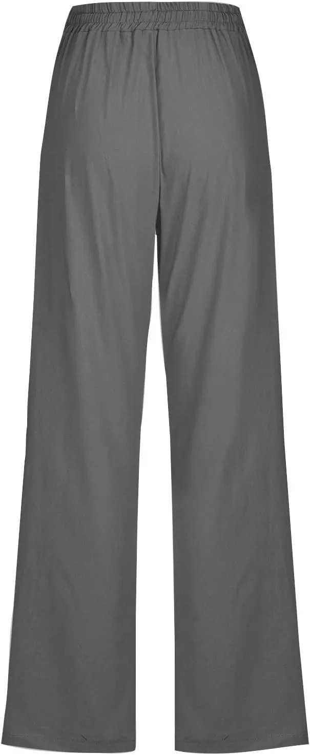 Womens Straight Leg Linen Pants Drawstring Elastic Waist Casual Trousers with Pockets Summer Beach Lounge Pants