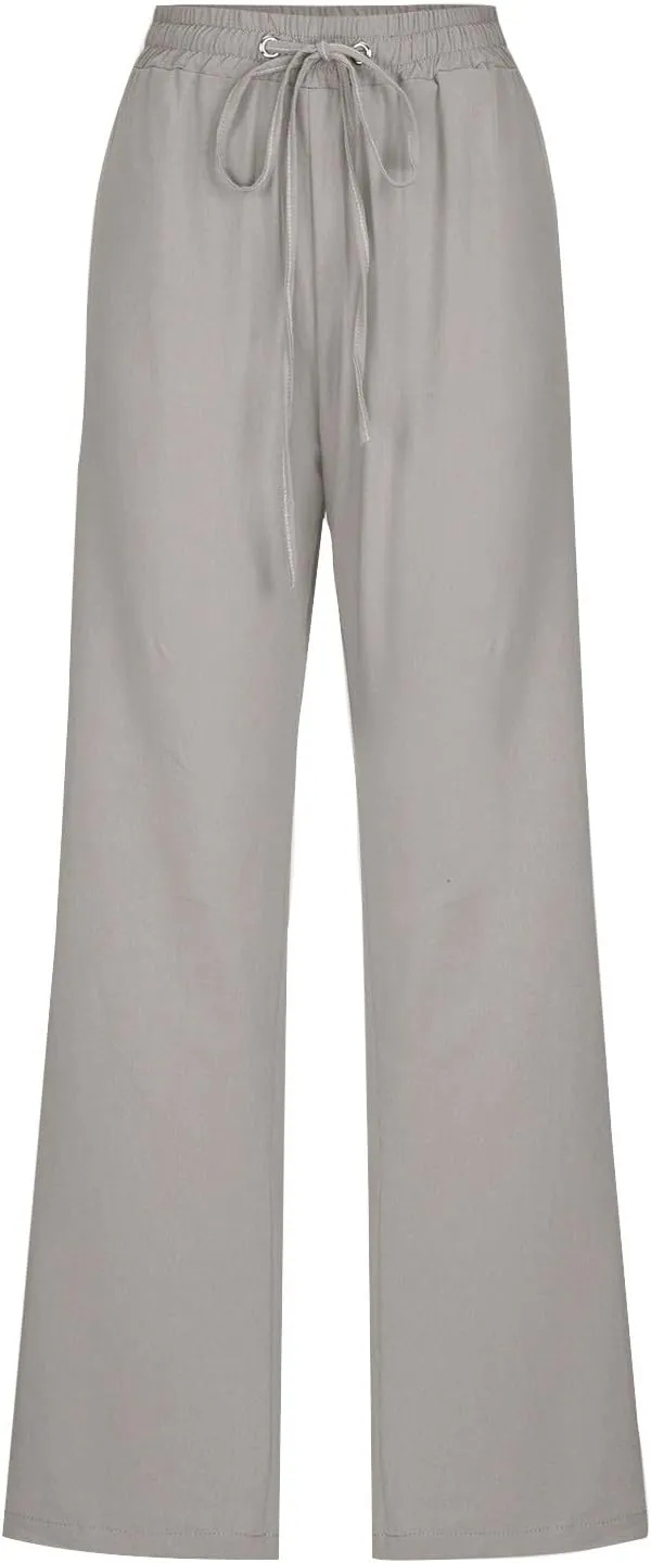 Womens Straight Leg Linen Pants Drawstring Elastic Waist Casual Trousers with Pockets Summer Beach Lounge Pants