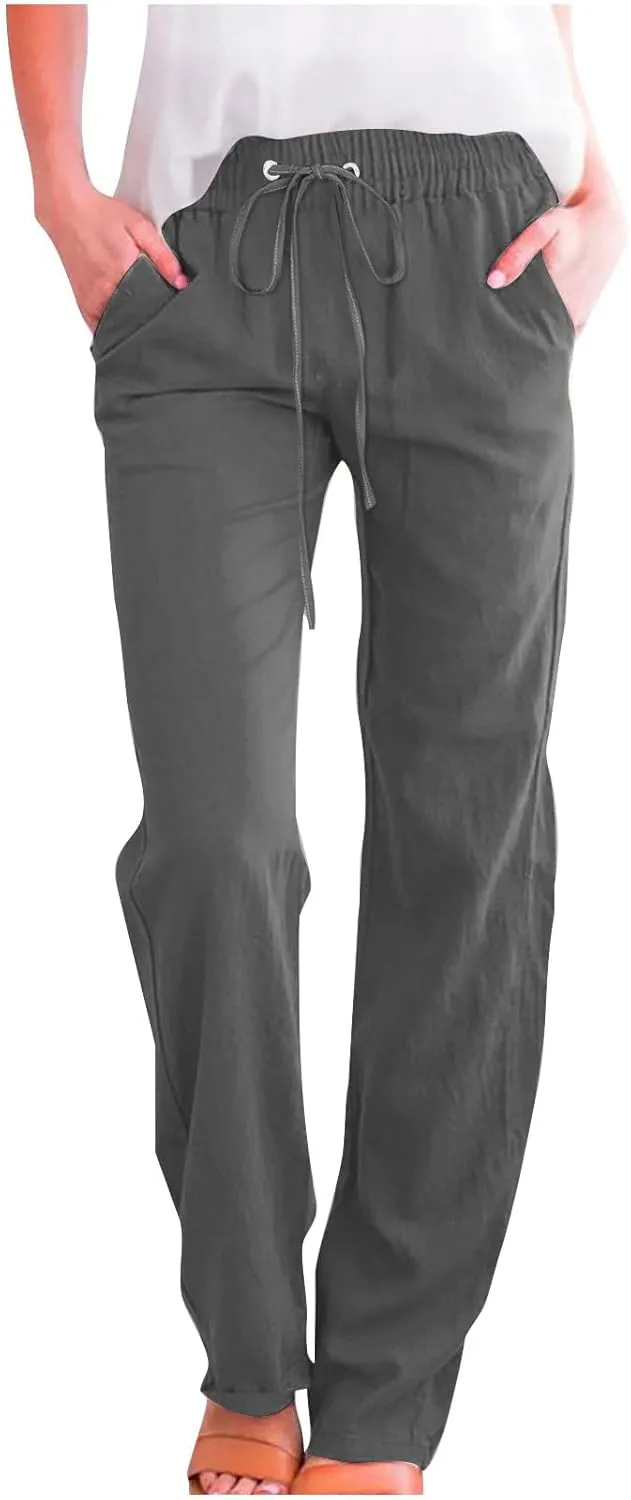 Womens Straight Leg Linen Pants Drawstring Elastic Waist Casual Trousers with Pockets Summer Beach Lounge Pants