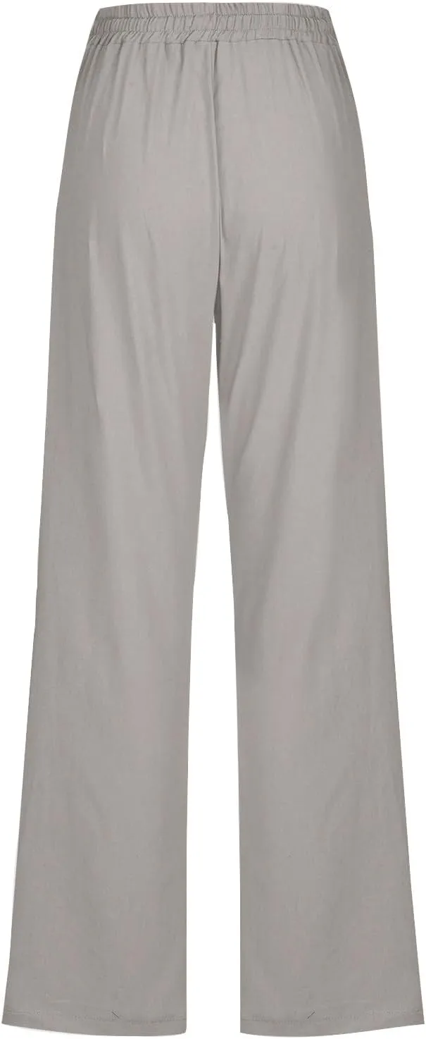 Womens Straight Leg Linen Pants Drawstring Elastic Waist Casual Trousers with Pockets Summer Beach Lounge Pants