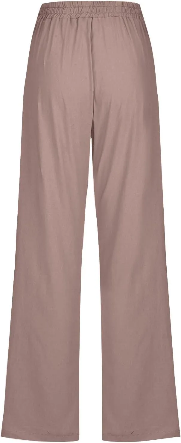 Womens Straight Leg Linen Pants Drawstring Elastic Waist Casual Trousers with Pockets Summer Beach Lounge Pants
