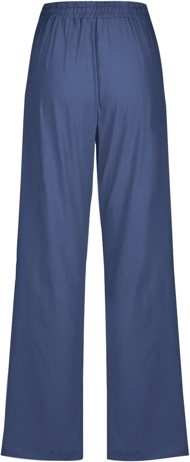 Womens Straight Leg Linen Pants Drawstring Elastic Waist Casual Trousers with Pockets Summer Beach Lounge Pants