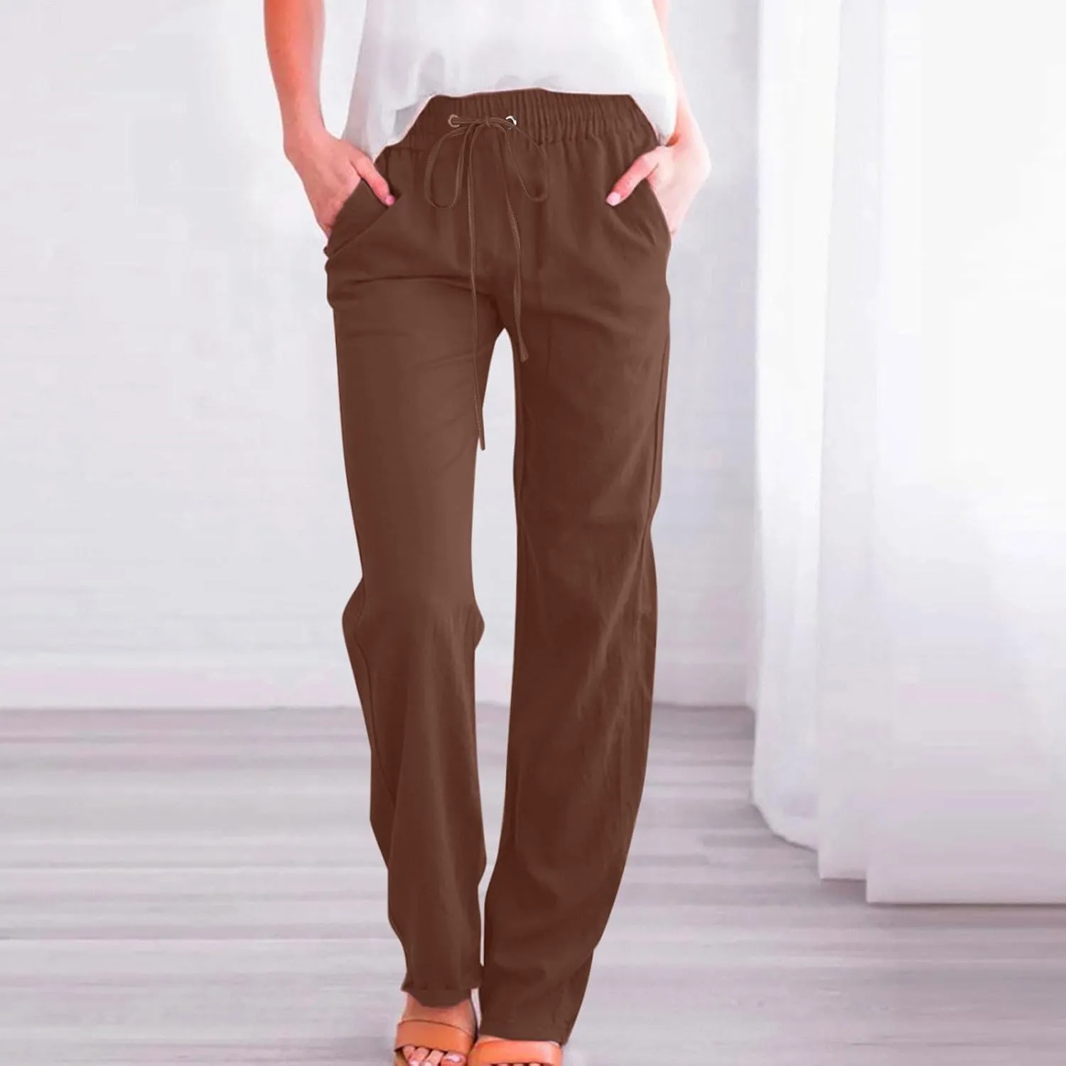 Womens Straight Leg Linen Pants Drawstring Elastic Waist Casual Trousers with Pockets Summer Beach Lounge Pants