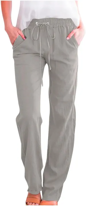 Womens Straight Leg Linen Pants Drawstring Elastic Waist Casual Trousers with Pockets Summer Beach Lounge Pants