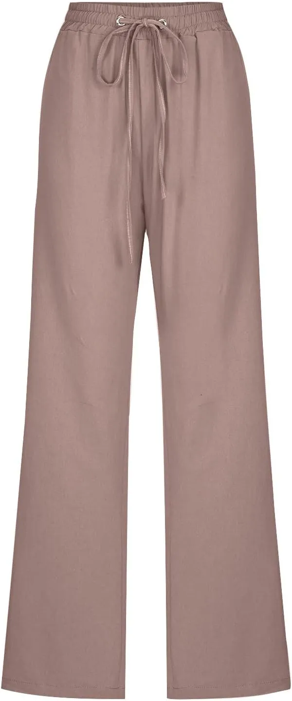Womens Straight Leg Linen Pants Drawstring Elastic Waist Casual Trousers with Pockets Summer Beach Lounge Pants