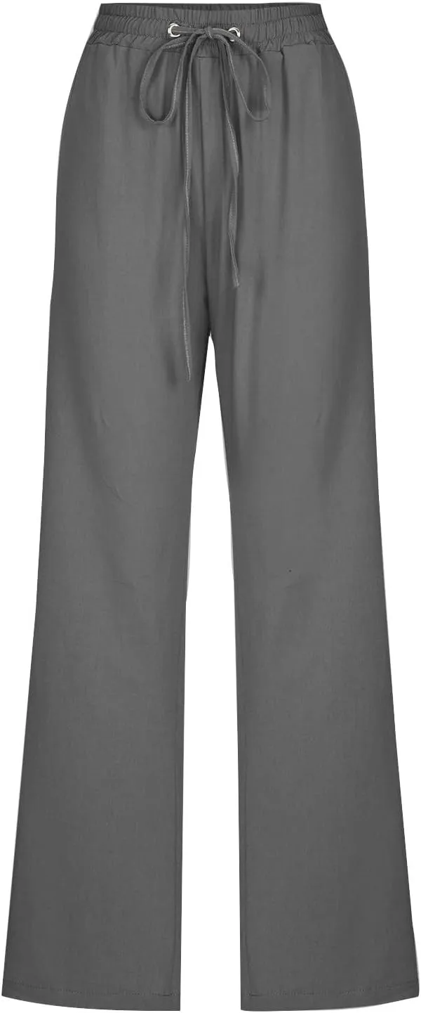 Womens Straight Leg Linen Pants Drawstring Elastic Waist Casual Trousers with Pockets Summer Beach Lounge Pants
