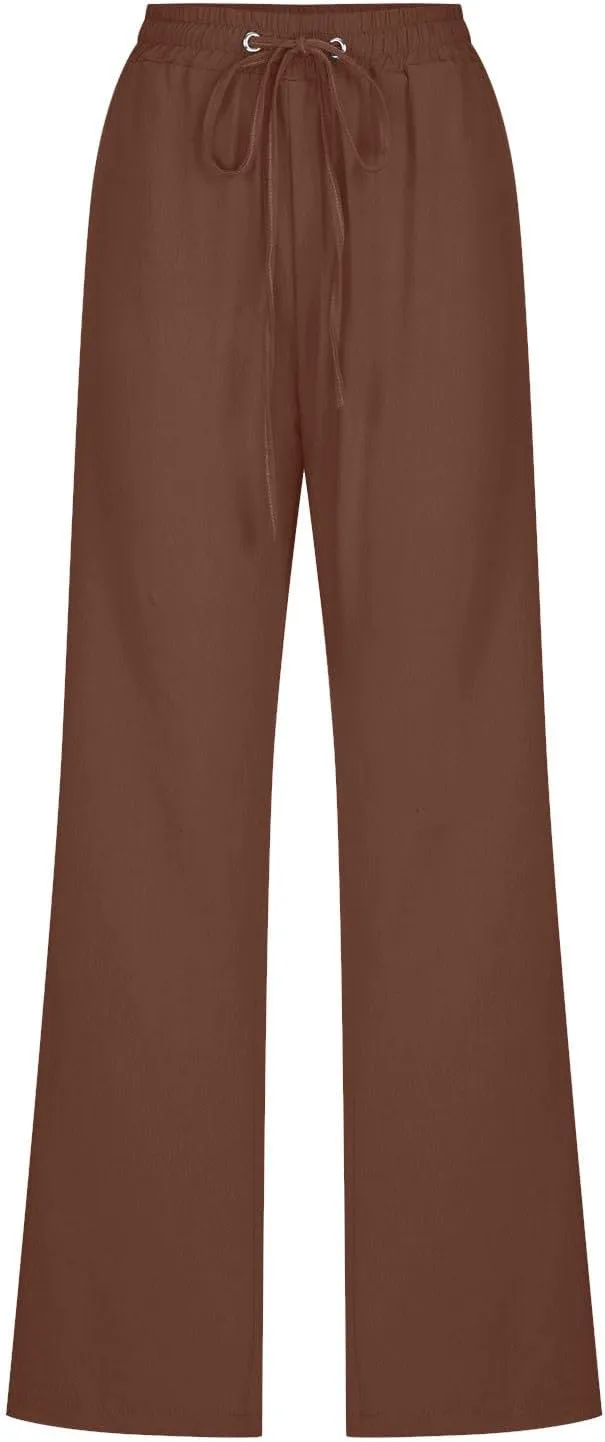 Womens Straight Leg Linen Pants Drawstring Elastic Waist Casual Trousers with Pockets Summer Beach Lounge Pants