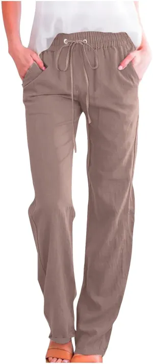 Womens Straight Leg Linen Pants Drawstring Elastic Waist Casual Trousers with Pockets Summer Beach Lounge Pants