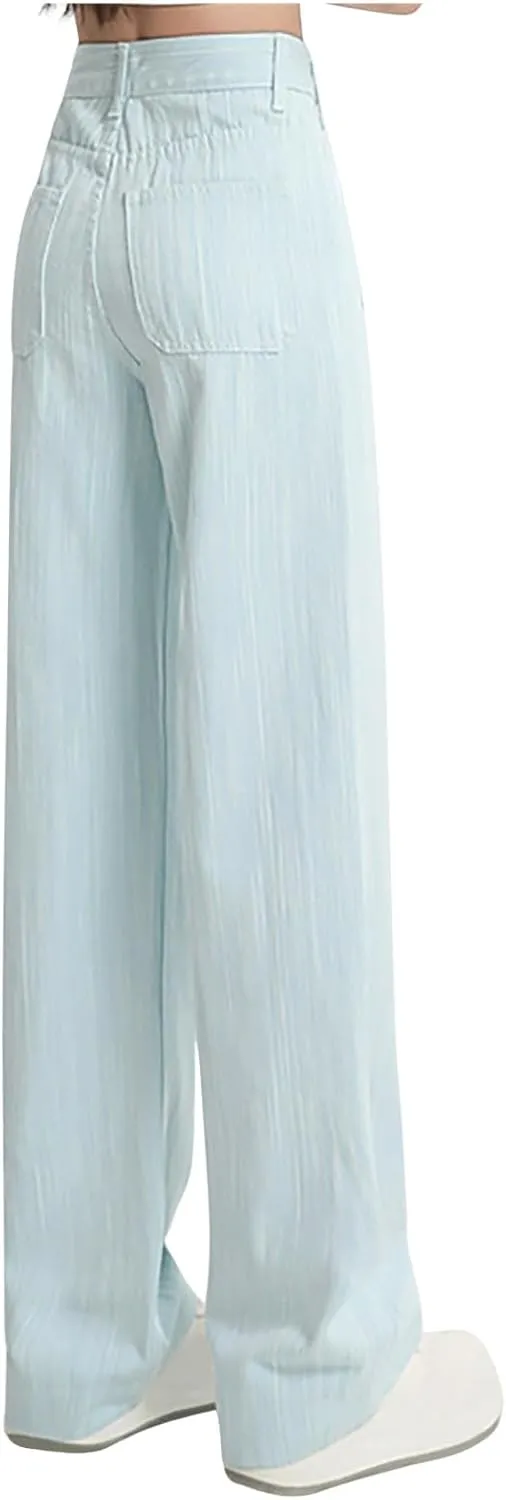 Women's Straight Leg Pants, High Waist Casual Elegant Trendy Long Pants Solid Color Summer Trousers with Pockets