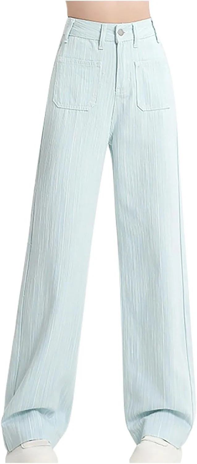 Women's Straight Leg Pants, High Waist Casual Elegant Trendy Long Pants Solid Color Summer Trousers with Pockets