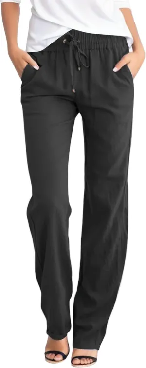 Women's Straight Leg Pants Summer Cotton Linen Elastic Waist Drawstring Trousers Relax Fit Sweatpants with Pockets