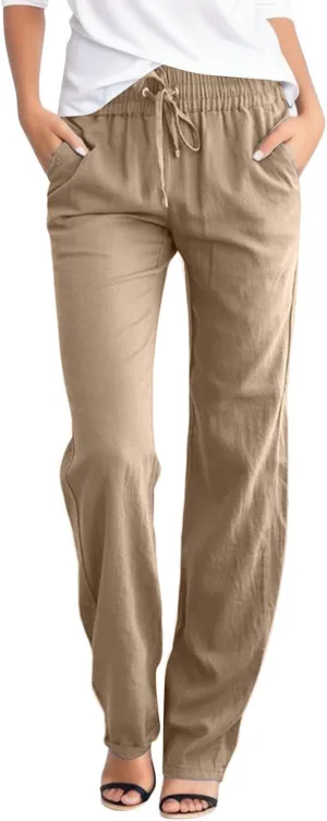 Women's Straight Leg Pants Summer Cotton Linen Elastic Waist Drawstring Trousers Relax Fit Sweatpants with Pockets