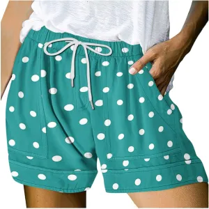 Women's Summer Elastic High Waisted Polka Dot Shorts Casual Drawstring Lightweight Loose Fit Short Pants with Pockets