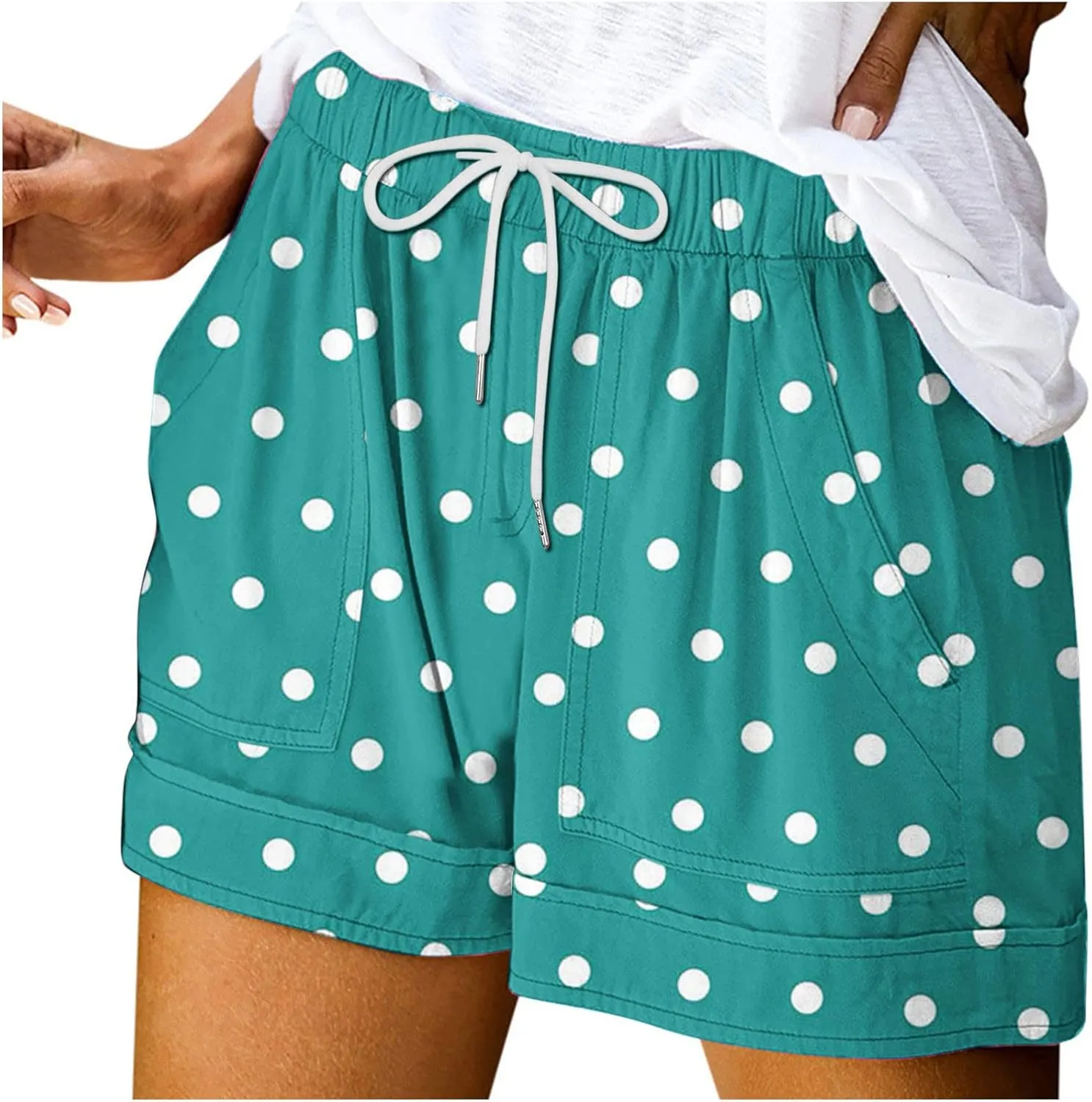 Women's Summer Elastic High Waisted Polka Dot Shorts Casual Drawstring Lightweight Loose Fit Short Pants with Pockets