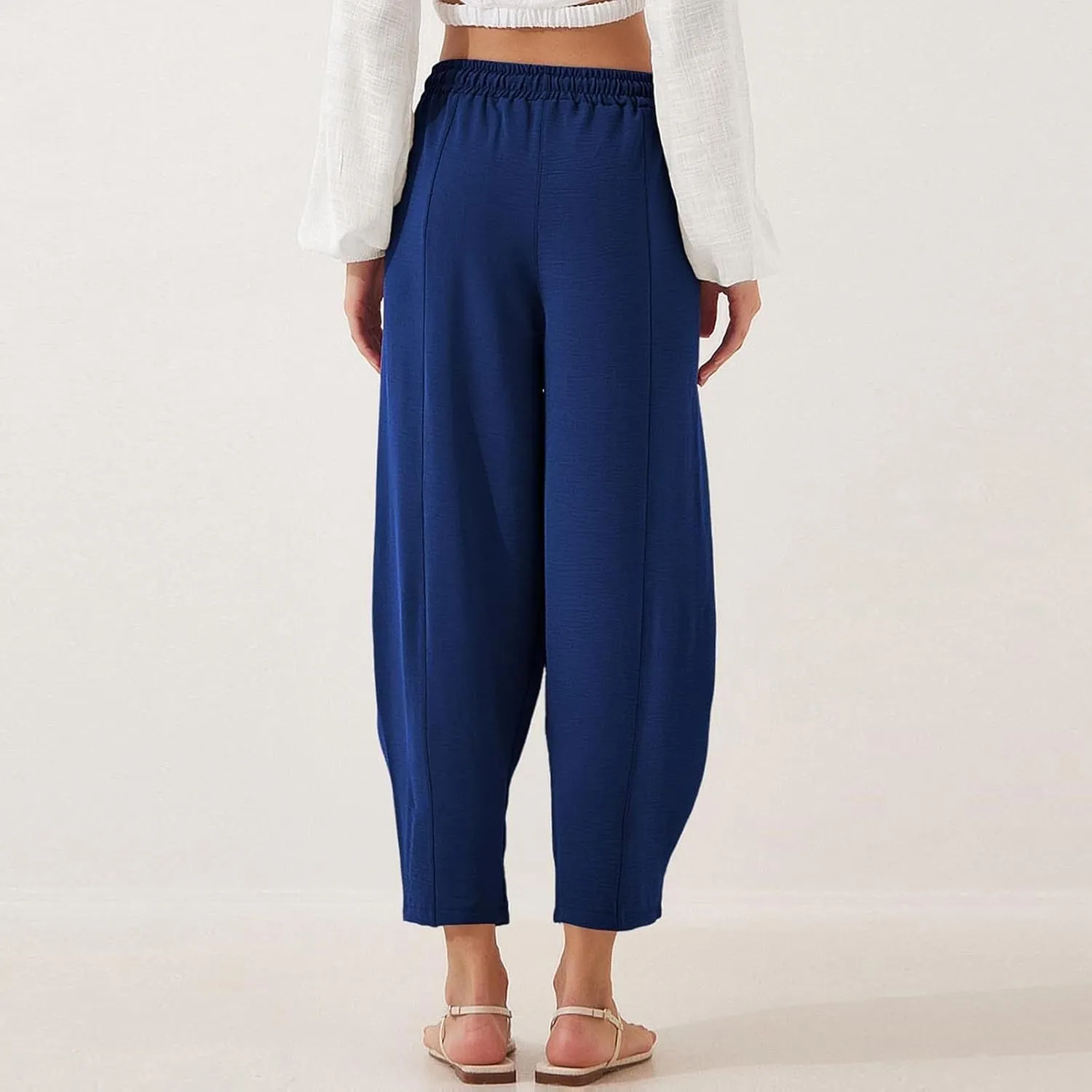 Women's Summer High Waisted Baggy Pants Casual Ankle Length Trouser Slacks with Pockets