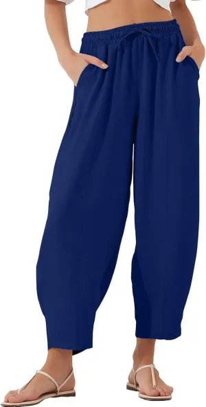 Women's Summer High Waisted Baggy Pants Casual Ankle Length Trouser Slacks with Pockets