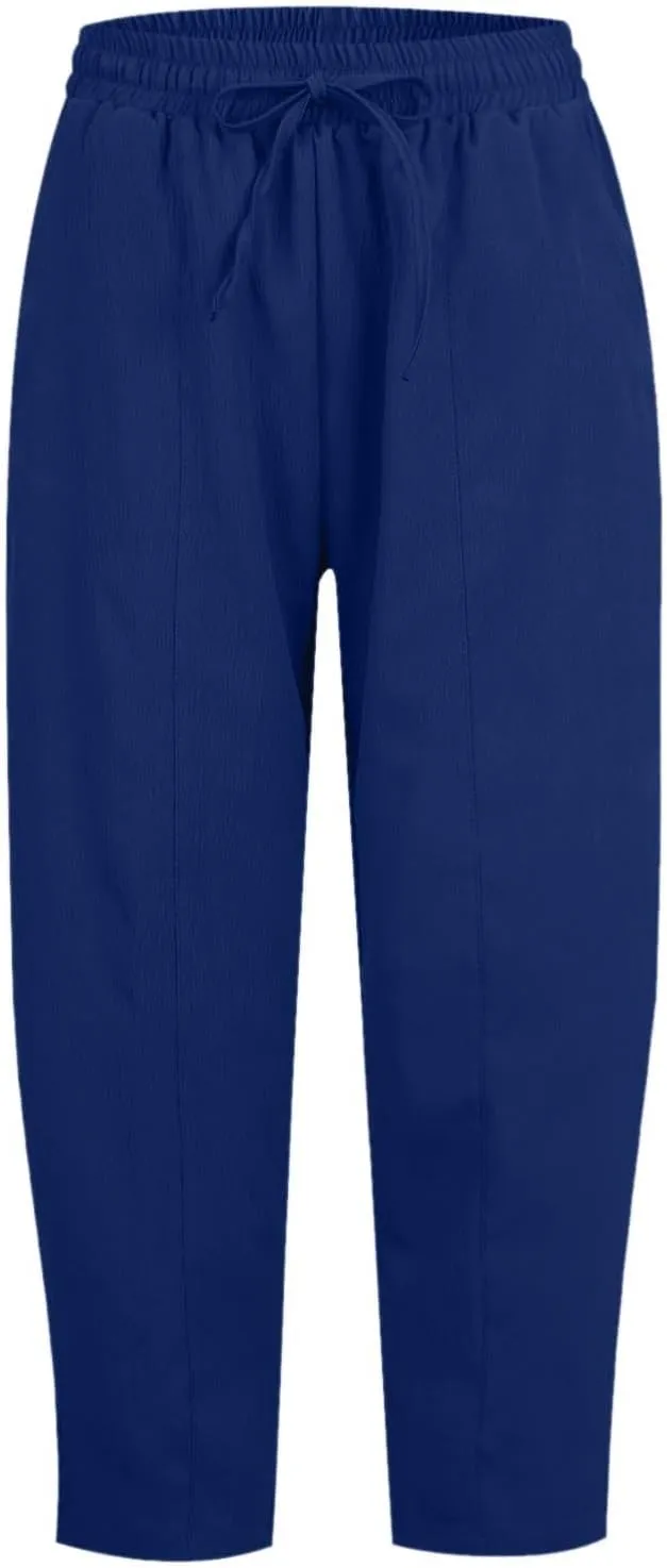 Women's Summer High Waisted Baggy Pants Casual Ankle Length Trouser Slacks with Pockets