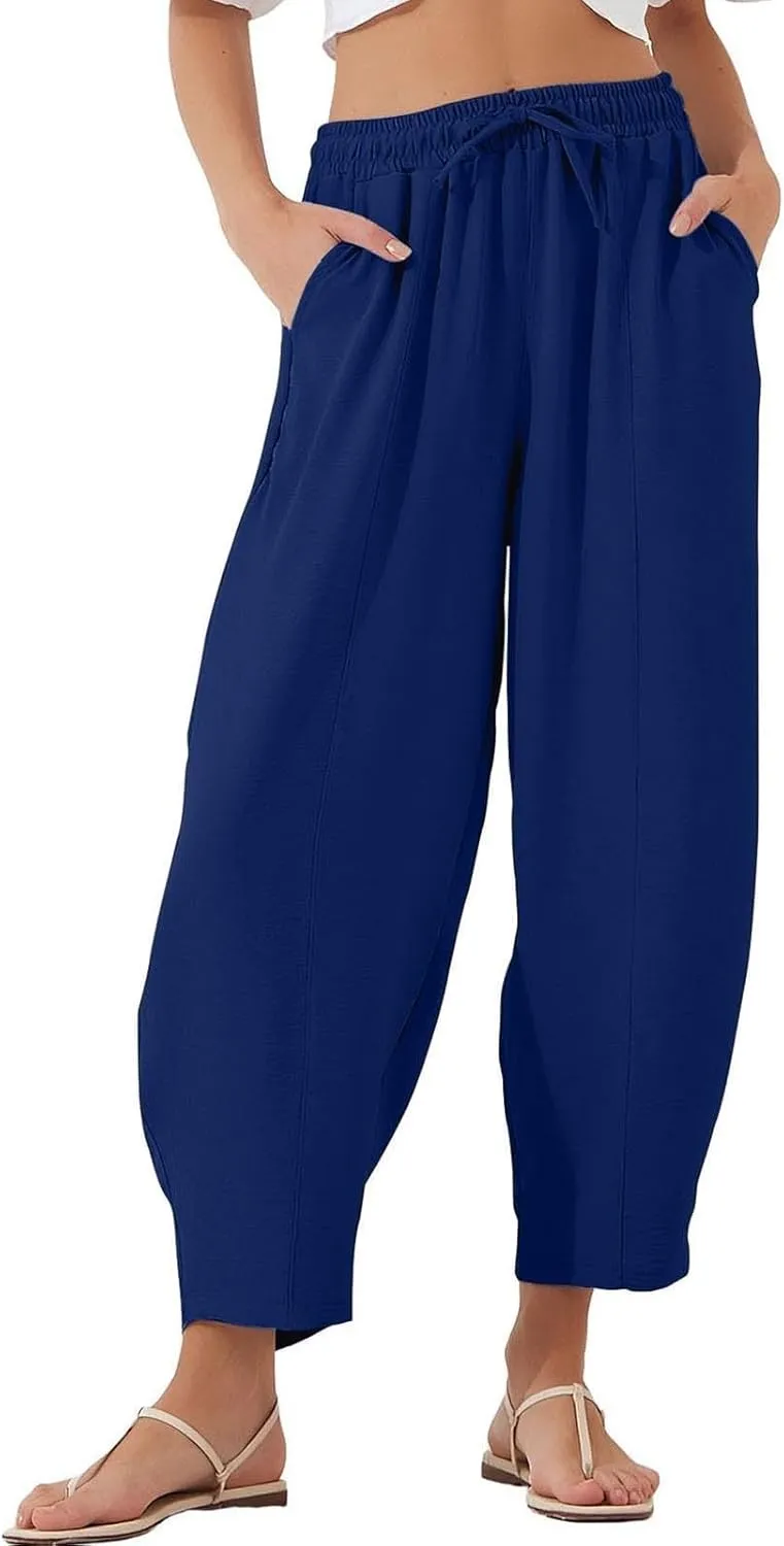 Women's Summer High Waisted Baggy Pants Casual Ankle Length Trouser Slacks with Pockets