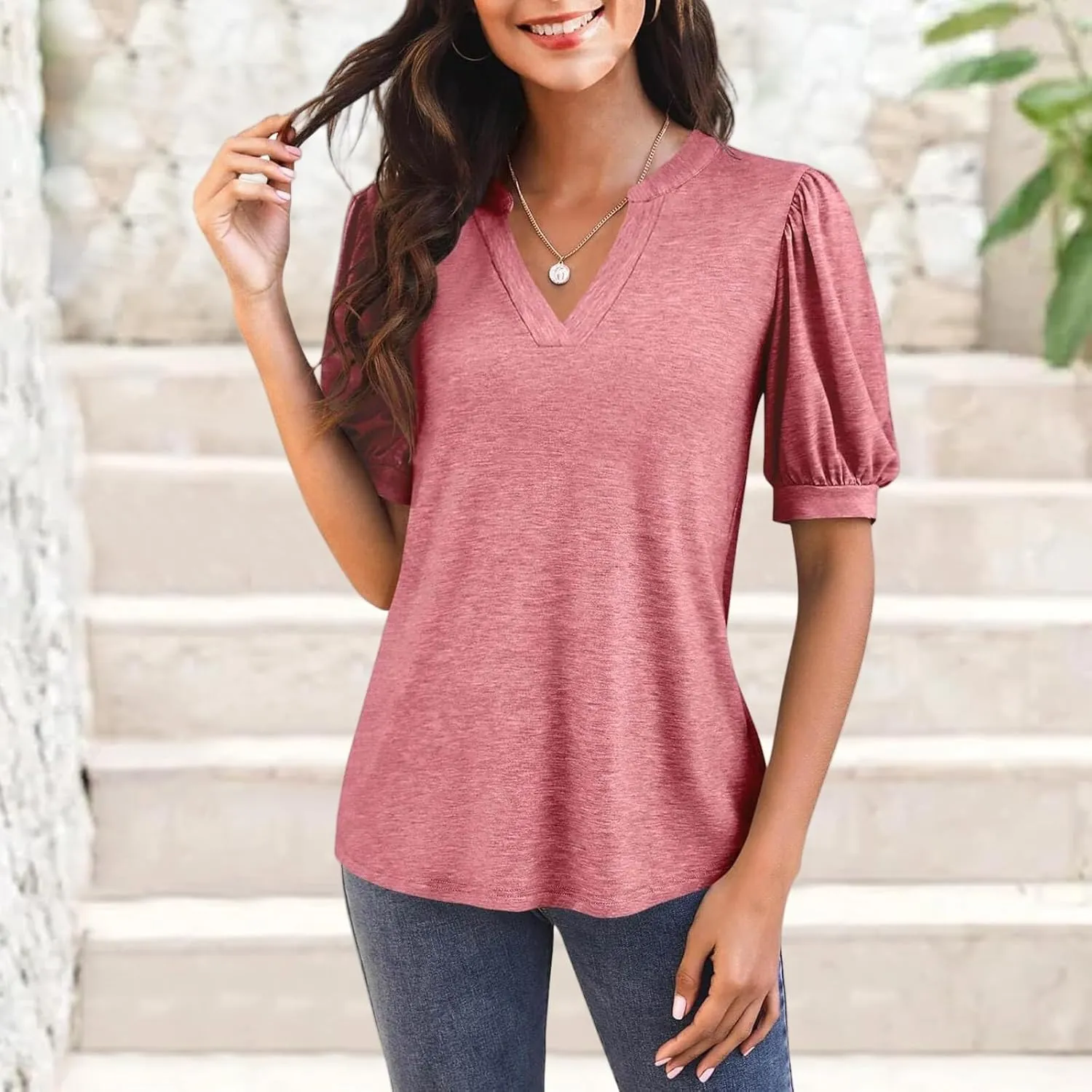 Womens Summer Shirt Casual Puff Sleeve Loose Top Summer Going Out Tee Beach Vacation Tunic Cute Flowy Blouse
